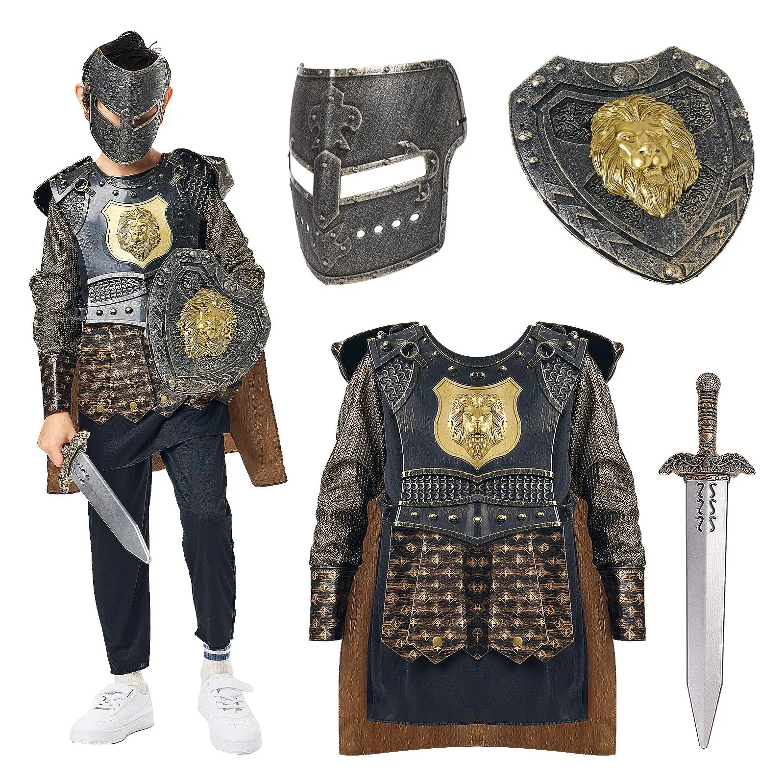 

Boys Knight Costume Cosplay Gladiator Medieval Outfits with Roman Soldier Mask Shield Halloween Party Fancy Dress Up