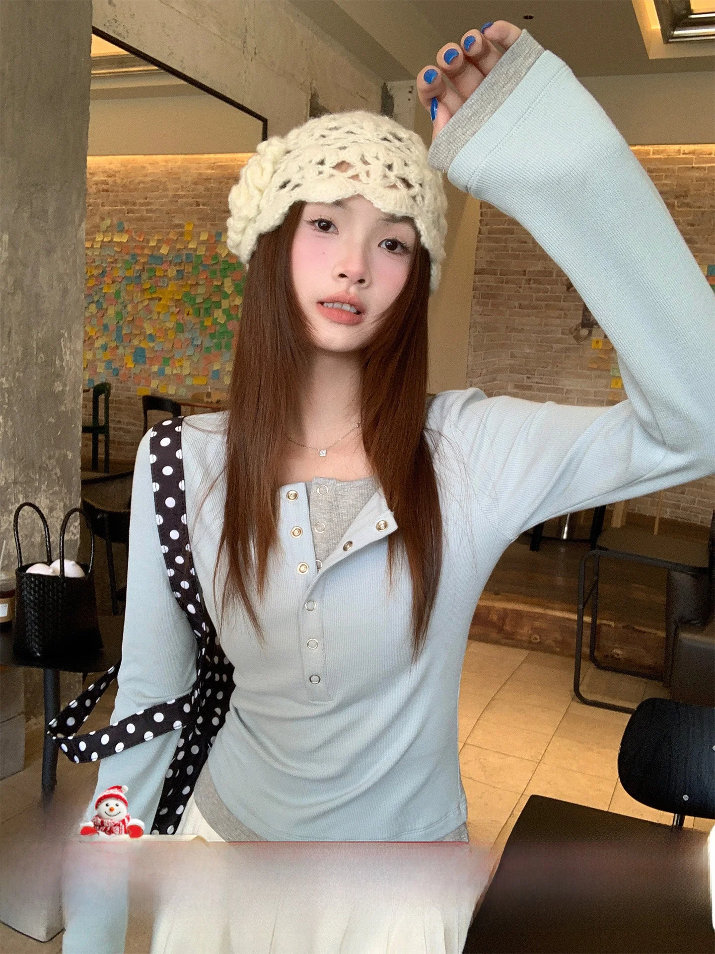 

Синий длинный базовый слой одежды (термобелье) для женщин, весна-осень, повседневная внутренняя одежда, корейский стиль, красивая и легкая футболка.