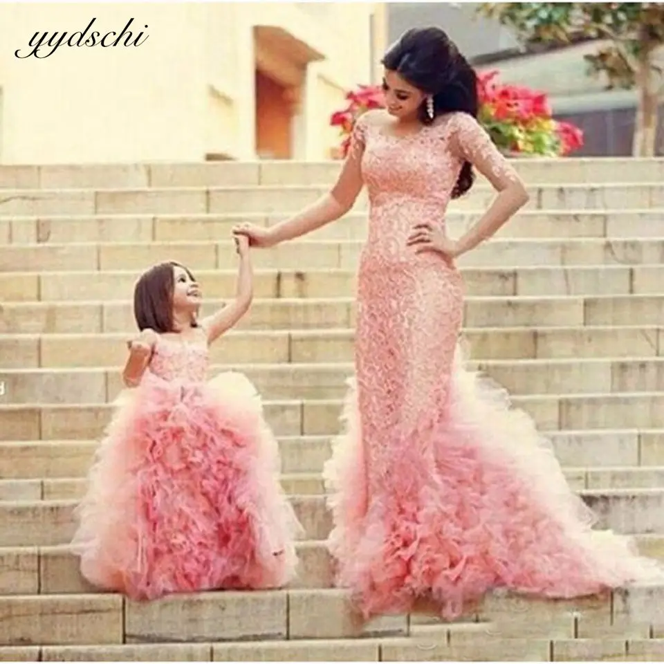 Flower Girls Dresses Pink Tulle Ruffled Mermaid For Weddings Mother And Daughter Prom Gowns Evening Birthday Party Pageant Dress