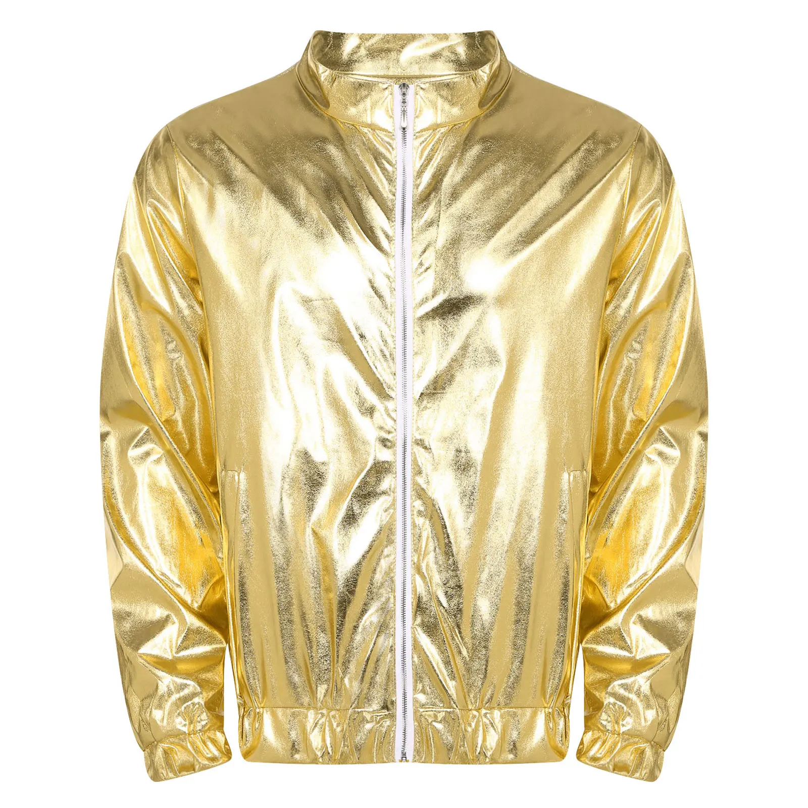 

Men Metallic Shiny Long Sleeve Jacket Disco Dance Stage Performance Zipper Sweatshirt Outwear for Music Festival Club Party Wear