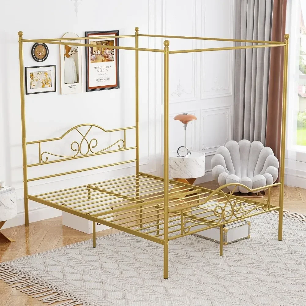 Full Size Canopy Bed Frame with Headboard and Footboard, Four Posters, Metal Canopy Bed Mattress Foundation Bed