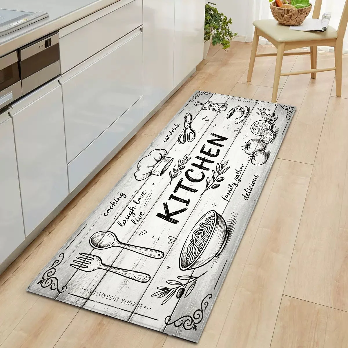 VIKAMA Vintage Sketch Kitchen Letter Runner Mat Anti Slip Water Resistant Rug For Kitchen Sink Floor Farmhouse Rustic Home Decor