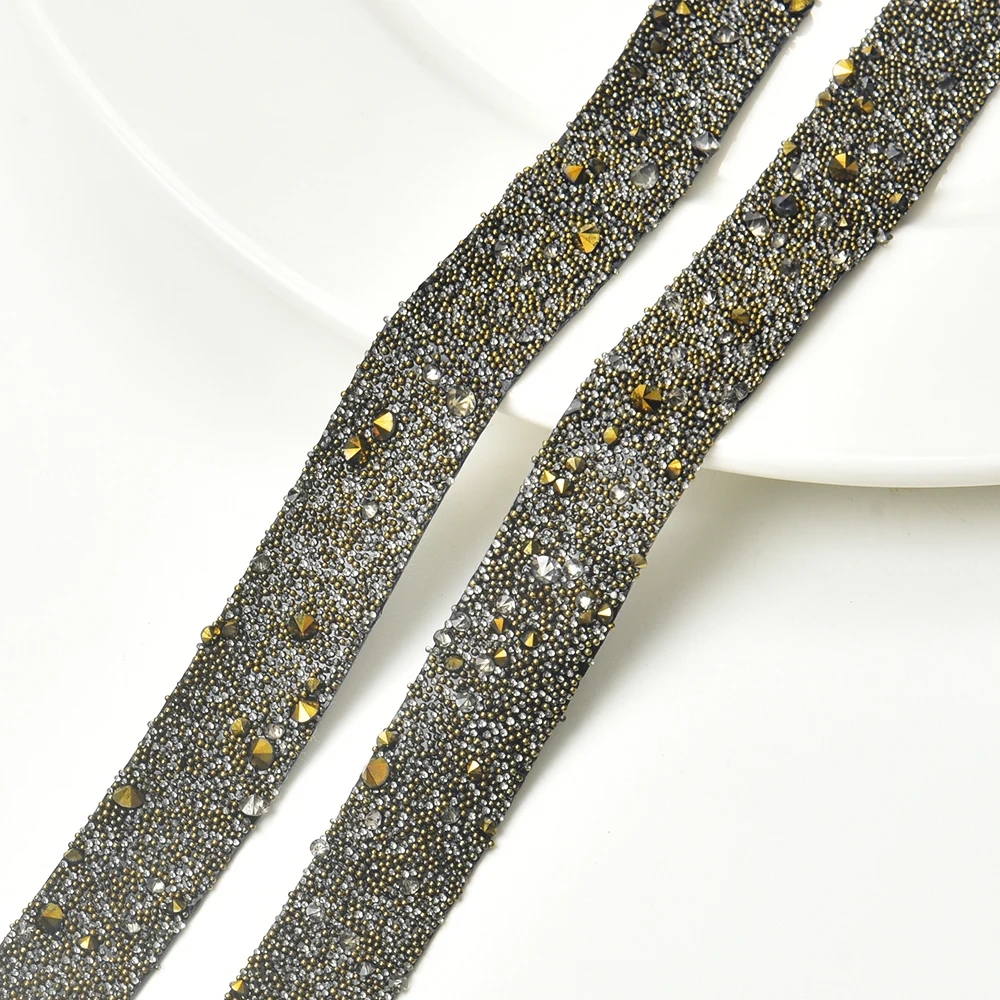 Hot Fix Rock Diamond Crystal Ribbon Trimming 1.5cm Width Rhinestone Chain Tape Iron on Round Caviar Beads Banding for Dress DIY