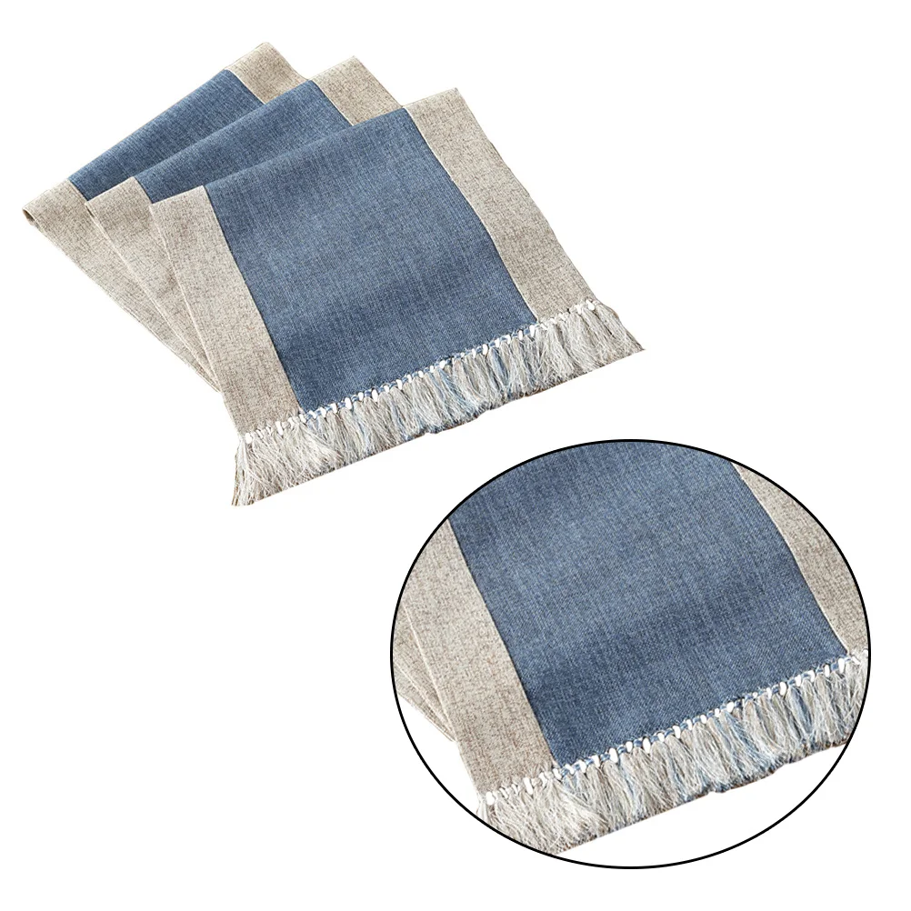 

1Pcs Table Flag Cotton Linen Tassel Design Retro Style Dark Blue 38x200cm 620G Double Layer Household Cover for Home Hotel