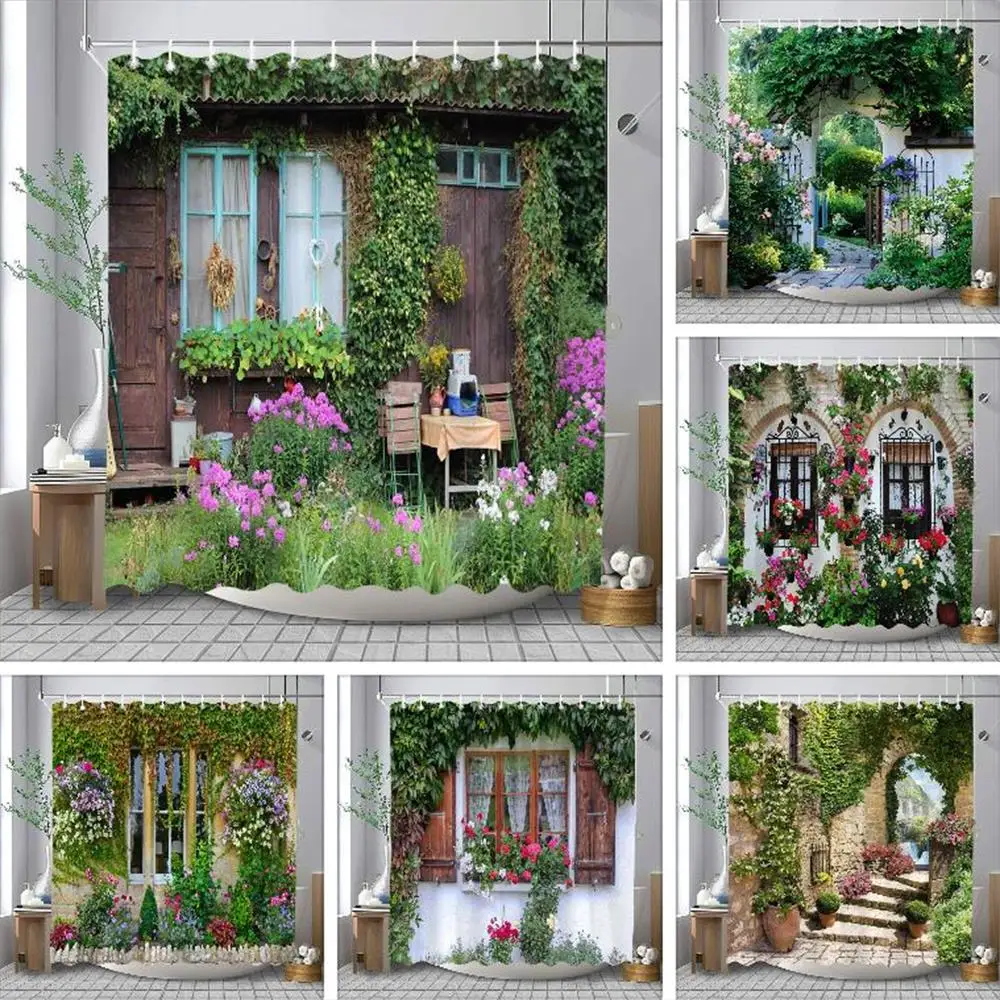 Full of Flowers European Window Wall Shower Curtain Natural Scenery Outdoor Garden Poster Polyester Bath Curtains Bathroom Decor