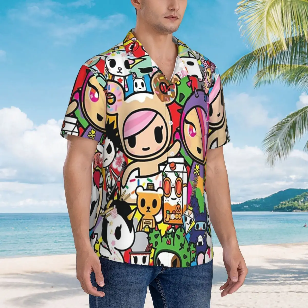 

Tokidoki Kawaii Donutella Sandy Unicorno Hawaiian Shirts Fashion Men Short Sleeve Shirt for Summer Beach Men's Lapel Tops