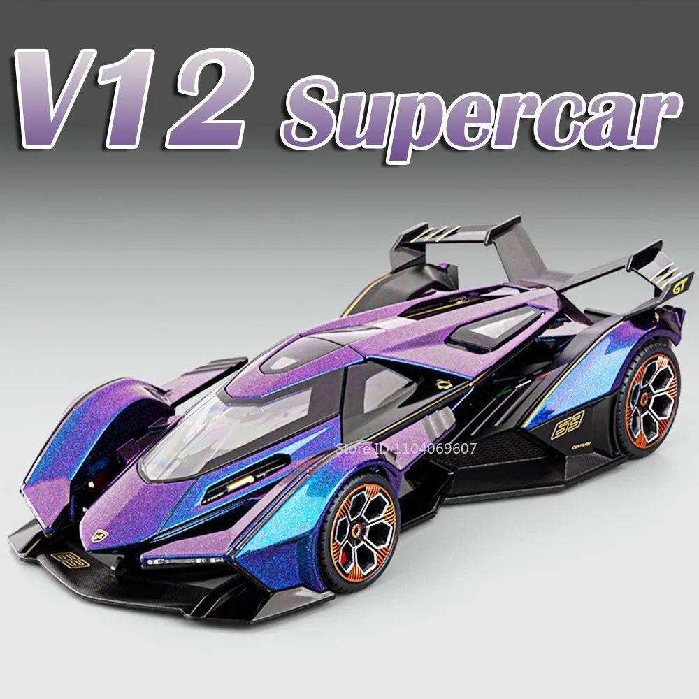 1:18 v12 svj63 modelo de carros esportivos de brinquedo, metal fundido, absorção de choque, direção da roda dianteira, puxar para trás, supercares requintados para crianças