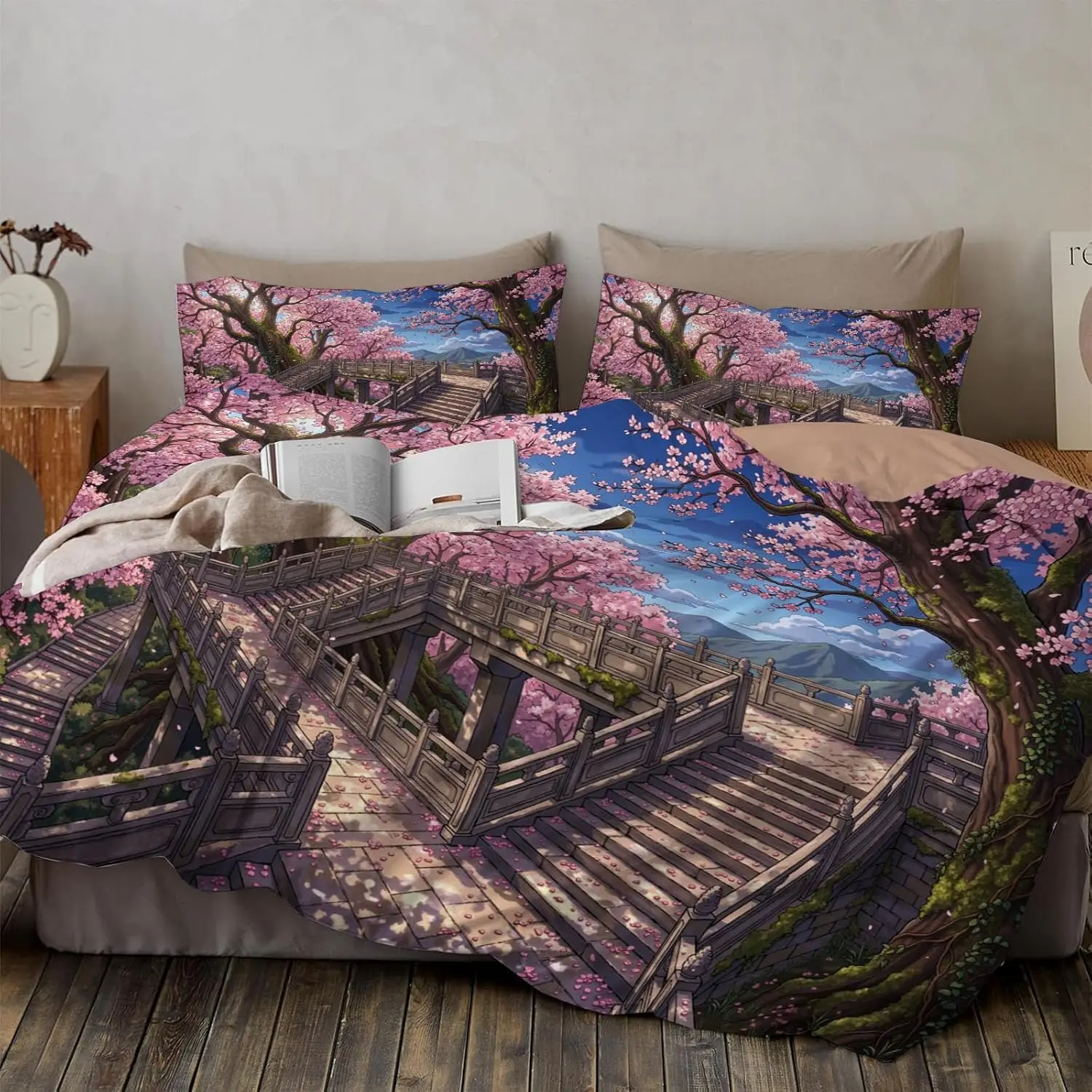 Spring Cherry Blossom Tree Single Size Duvet Cover Set Powder Blue Japanese Anime Landscape Bedding With Pillowcases