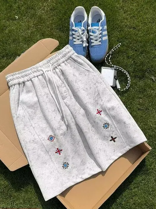 

American High Street Embroidered Shorts Men Summer Thin Fashion Design Loose Sports Casual Five-Quarter Pants Straight Leg