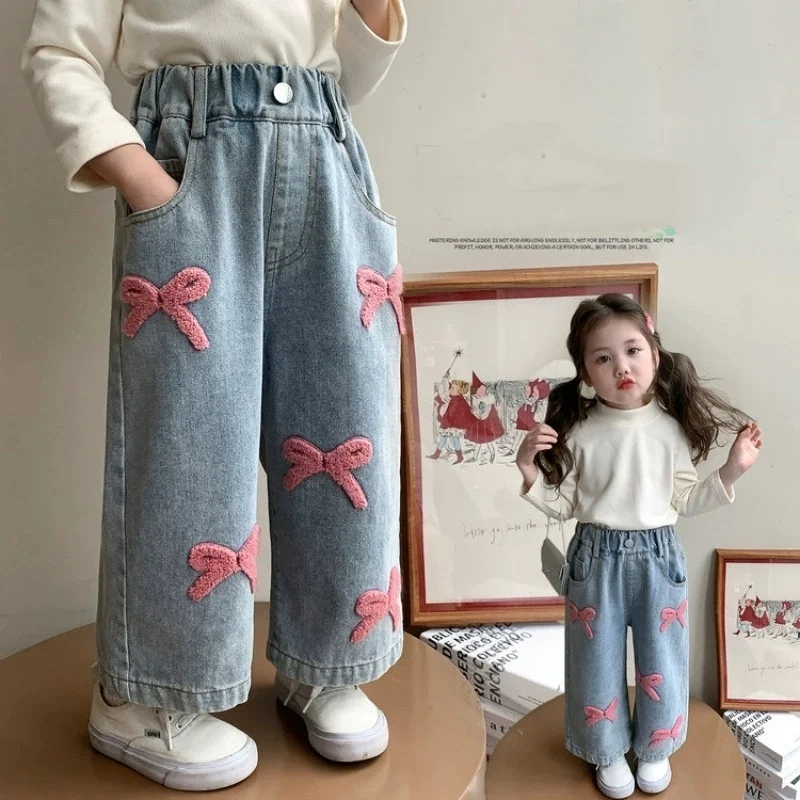 2026 New Fashion Kids Bow Embroidery Straight Casual Jeans Teens Girl Gothic Wide Leg Denim Pants Child Street Jeans Trousers