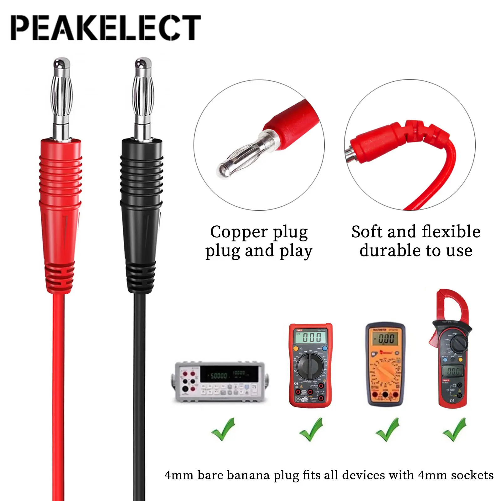 Peakelect P1041 2PCS Dual 4mm Banana Plug Copper Multimeter Test Leads Soft Test Cable for Electrical Testing 1M wire 1000V 15A