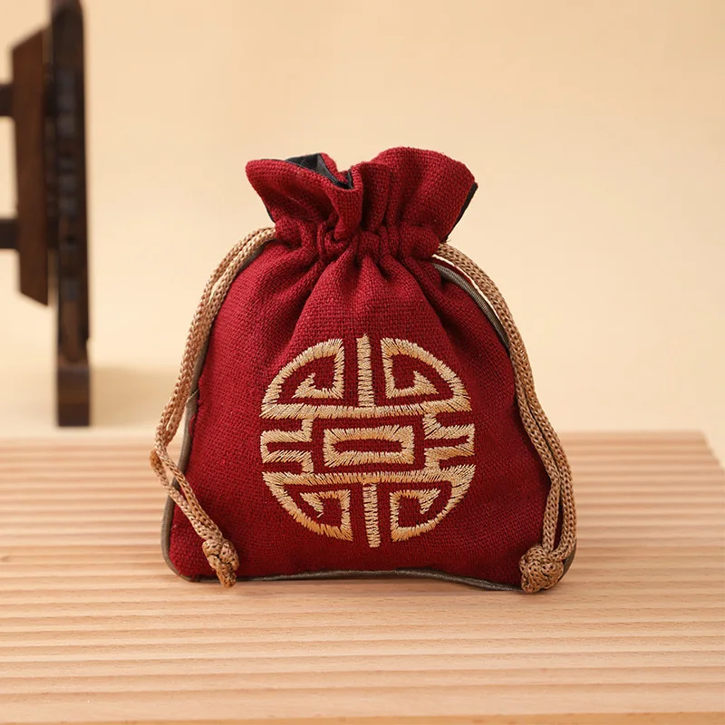 Vintage Leinen-Schmuckbeutel mit Kordelzug, bestickter chinesischer Knotenbeutel, Baumwoll-Leinen-Aufbewahrungstasche für kleine Gegenstände, 11,5*14cm, 14,5g – Detail 12