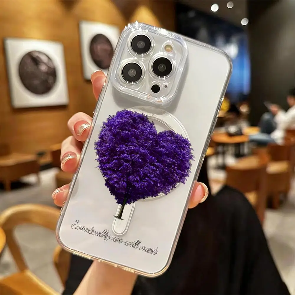 Purple Heart Shaped Tree Phone Case For IPhone18 17 16 15 14 13 12 Pro Max Plus Magnetic Crystal Clear Case Wireless Charge view 2