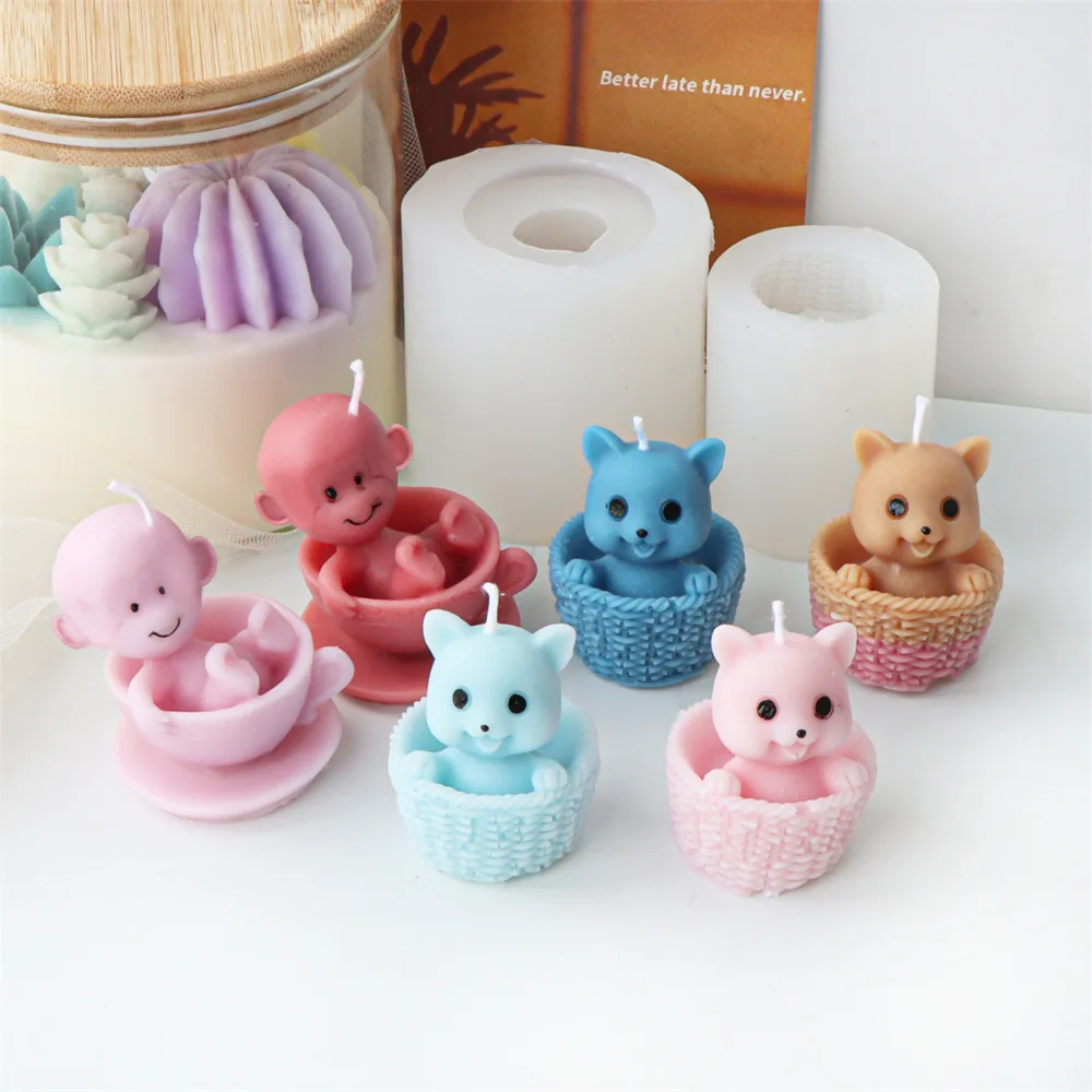 

Silicone Woven Flower Basket Cat Candle Mold Cup Monkey Aromatherapy Plaster Resin Molds Candle Making Supplies Silicone Molds