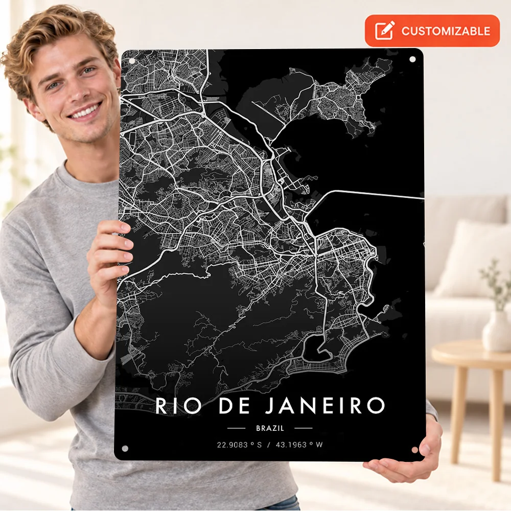 Rio De Janeiro City Map Aluminum Poster Personalized Metal Sign White Streets Black Background Illustration Wall Art For Study