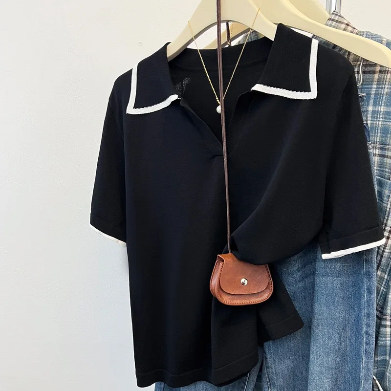 POLO collar 100% cotton short-sleeved T-shirt women's summer new positive shoulder lapel knit thin short-sleeved top