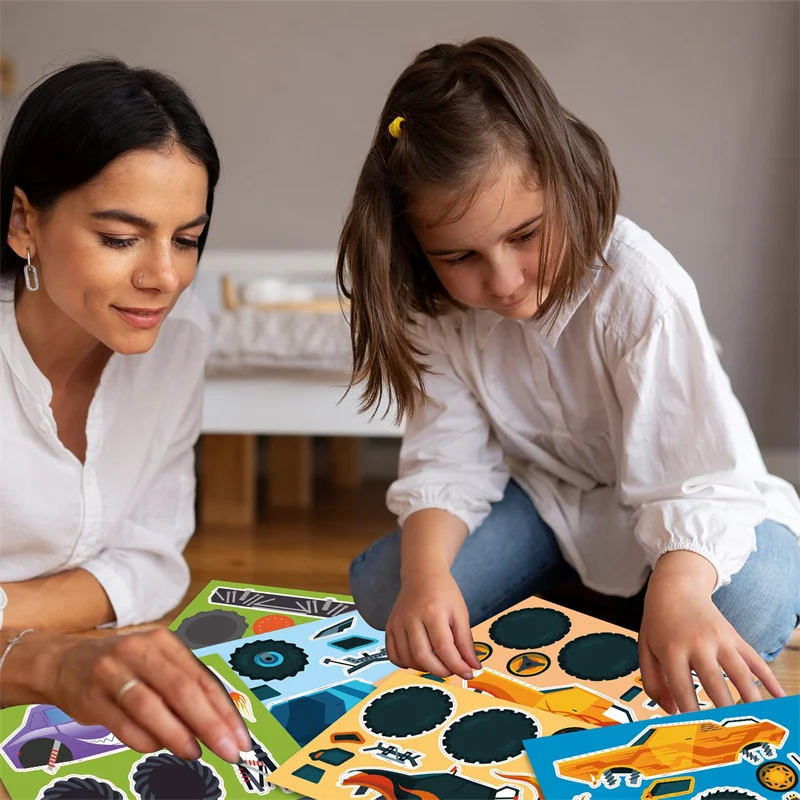 6-24Sheets Cool Monster Truck Sticker Kids DIY Make Your Own Car Sticker Cartoon Racing Tuck Puzzle Assembling Jigsaw Boys Toys