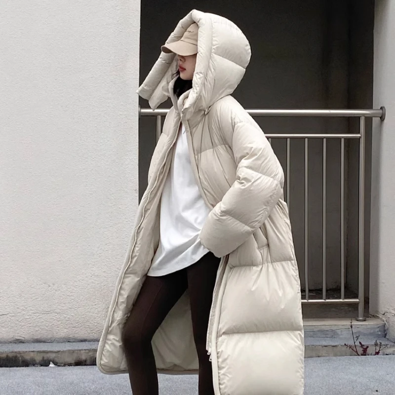 Chaqueta de plumón larga con capucha para mujer, chaqueta de plumón de pato blanco con diseño grueso, abrigo Parker de viento informal y cálido,