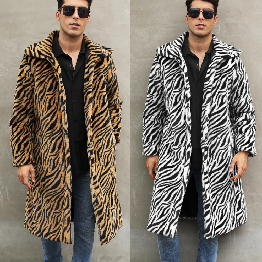 Autumn and Winter New Men's Square Collar Imitation Fur Long Coat Coat Men's Zebra Pattern