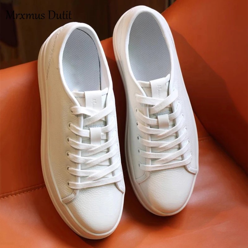 Mrxmus 2023 Autumn New Women Genuine Leather White Flats Shoes Solid Basic Sneaker Versatile Casual Simple Skate Shoes Female