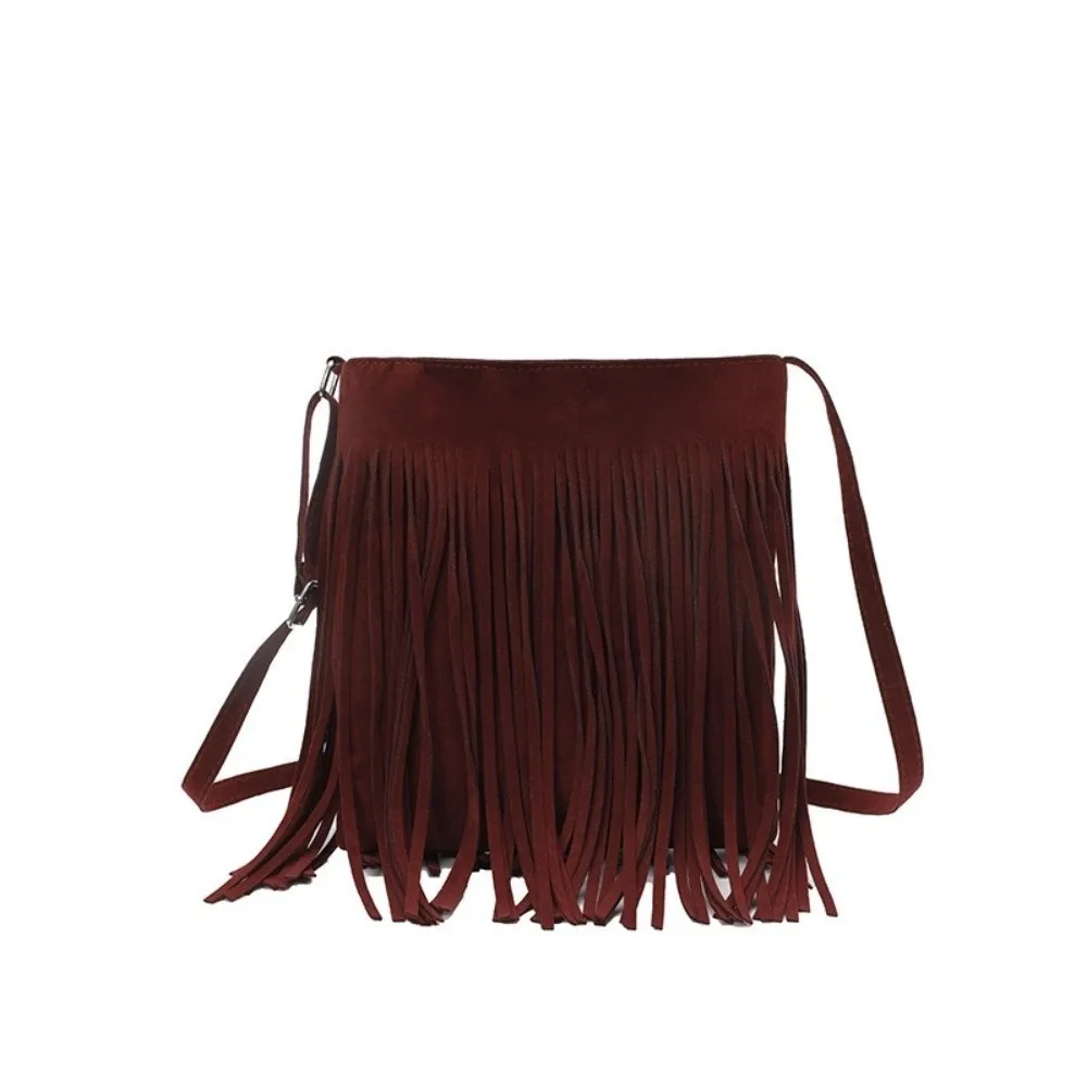 Fashion Suede Fringe Crossbody Bag Large Capacity Solid Color Shoulder Bag Boho Style Adjustable Shoulder Strap Bucket Bag Women view 4