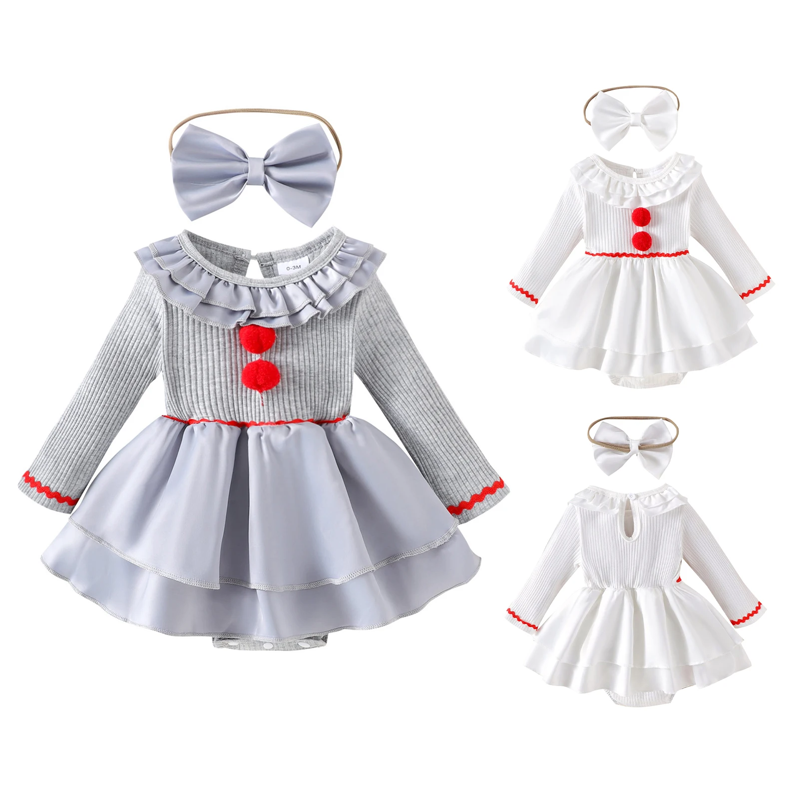 

Girls Halloween Gray Clown Costume Infant Carnival Party Creepy Joker Role Play Dress Long Sleeve Layered Ruffled Rompers