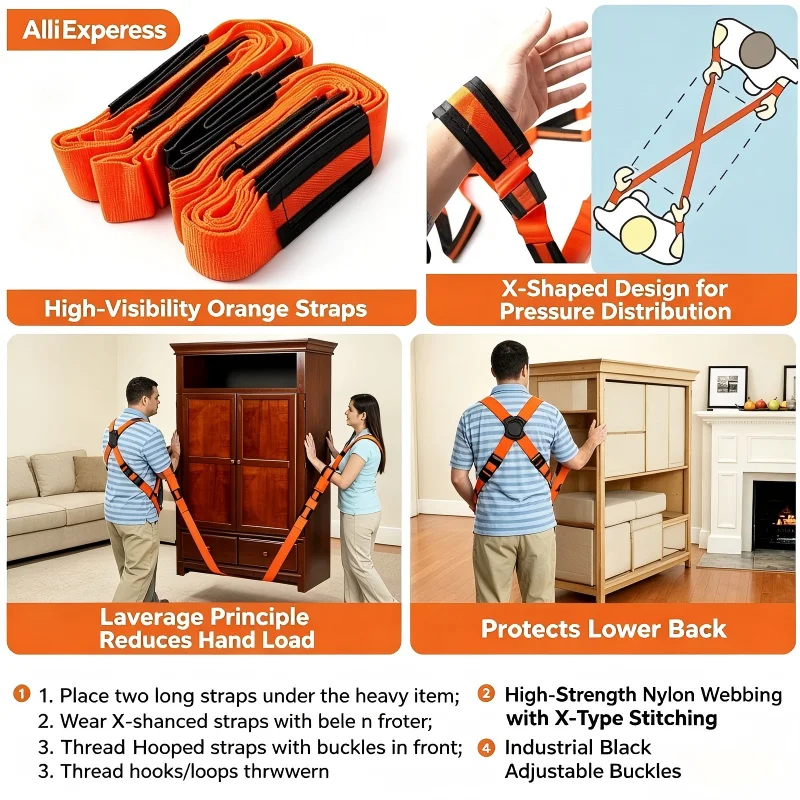 Heavy‑Load Reusable Lifting Harness Strap Adjustable Labor‑Saving Transport Belt For Furniture Home Appliance & Bulk Item Moving image 4