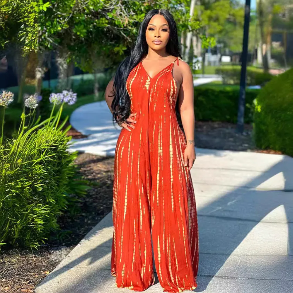 

Women Elegant Long Jumpsuit Fashion 2024 New Sexy Printed Strap Off Back Jumpsuit Solid Color Sleeveless One Piece For Women