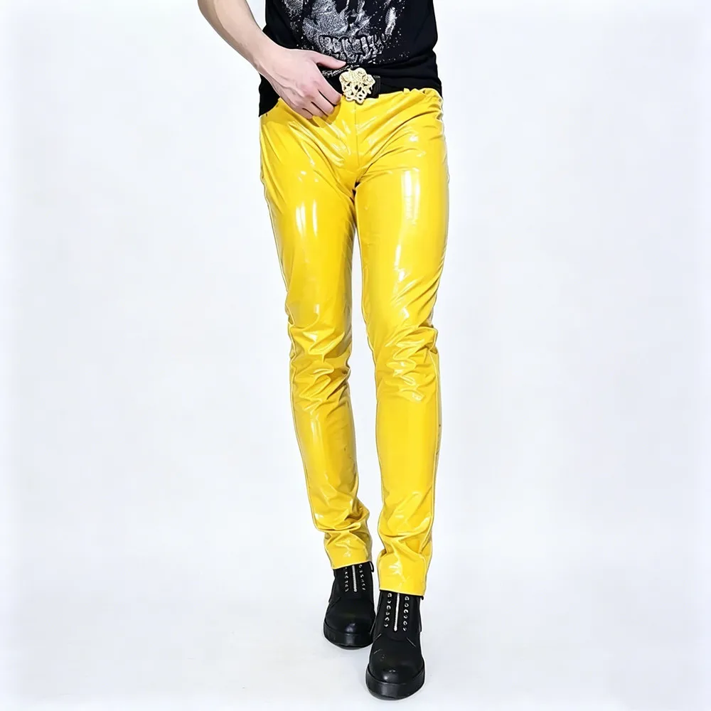 Men Motorcycle Leather Pants Red Black Thin Slim Fit Tight PU Leather Trousers Hip Hop Rock Singer Dancer Costume Spring Autumn