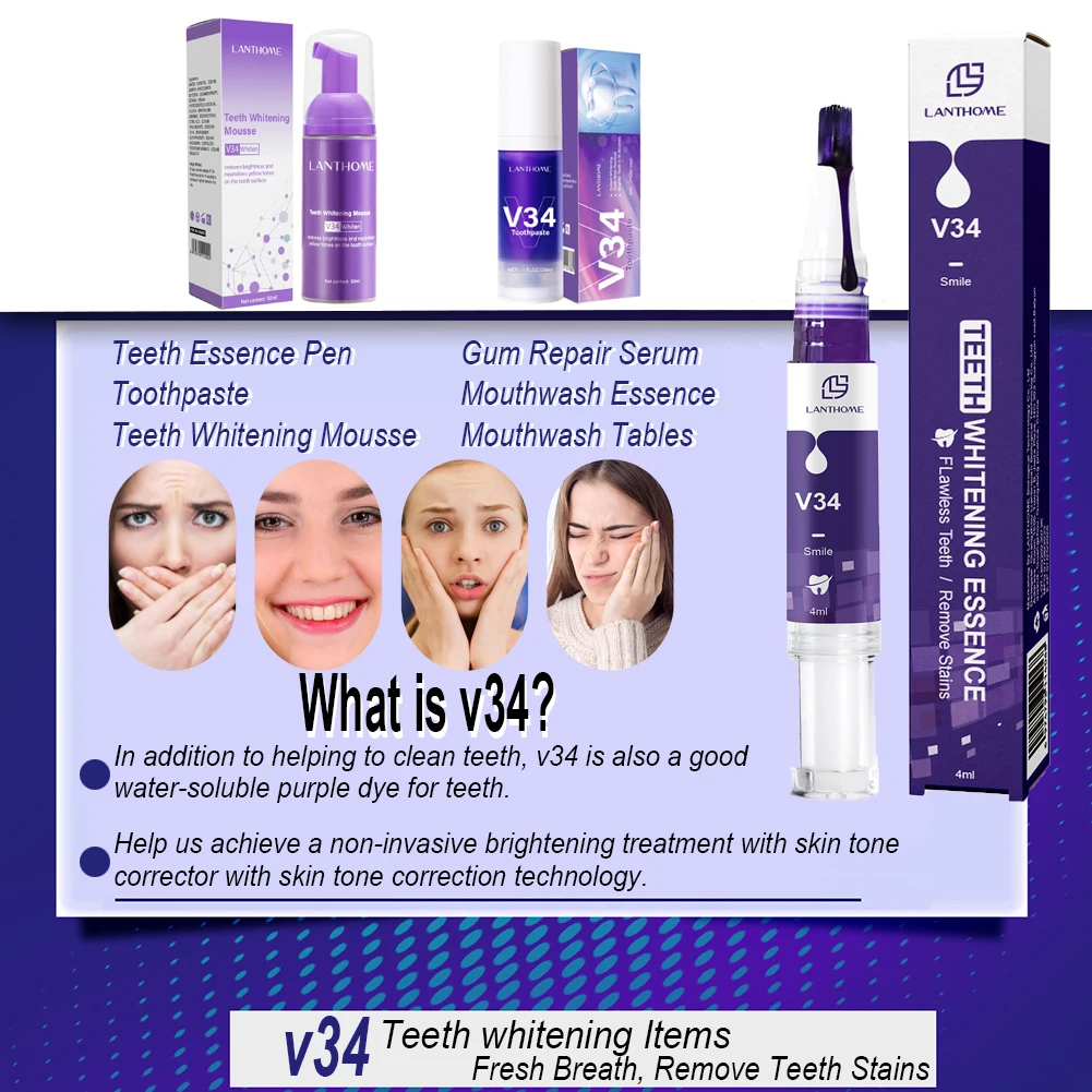 V34 Tooth Cleansing Mousse Purple Teeth Whitening Repair Essence Pen Oral Hygiene Dental Stain Remove Color Corrector Toothpaste