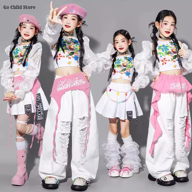 

Girls K-pop Elegant Crop Top Ripped Pants Kids Hip Hop Street Dance Skirts Clothes Set Child Girl Group Streetwear White Costume