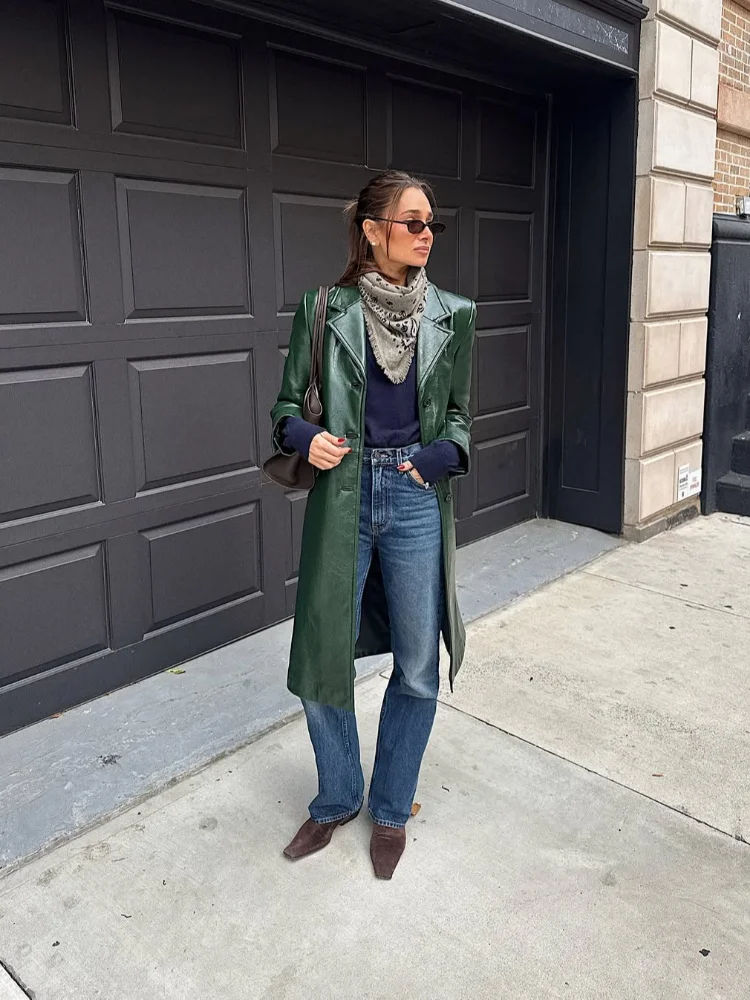 クラシックな無地ロングレザージャケット、シックなシングルブレスト、フルスリーブ、ラペルコート、春のエレガントなデイリー通勤ストリートコート、2026年新作