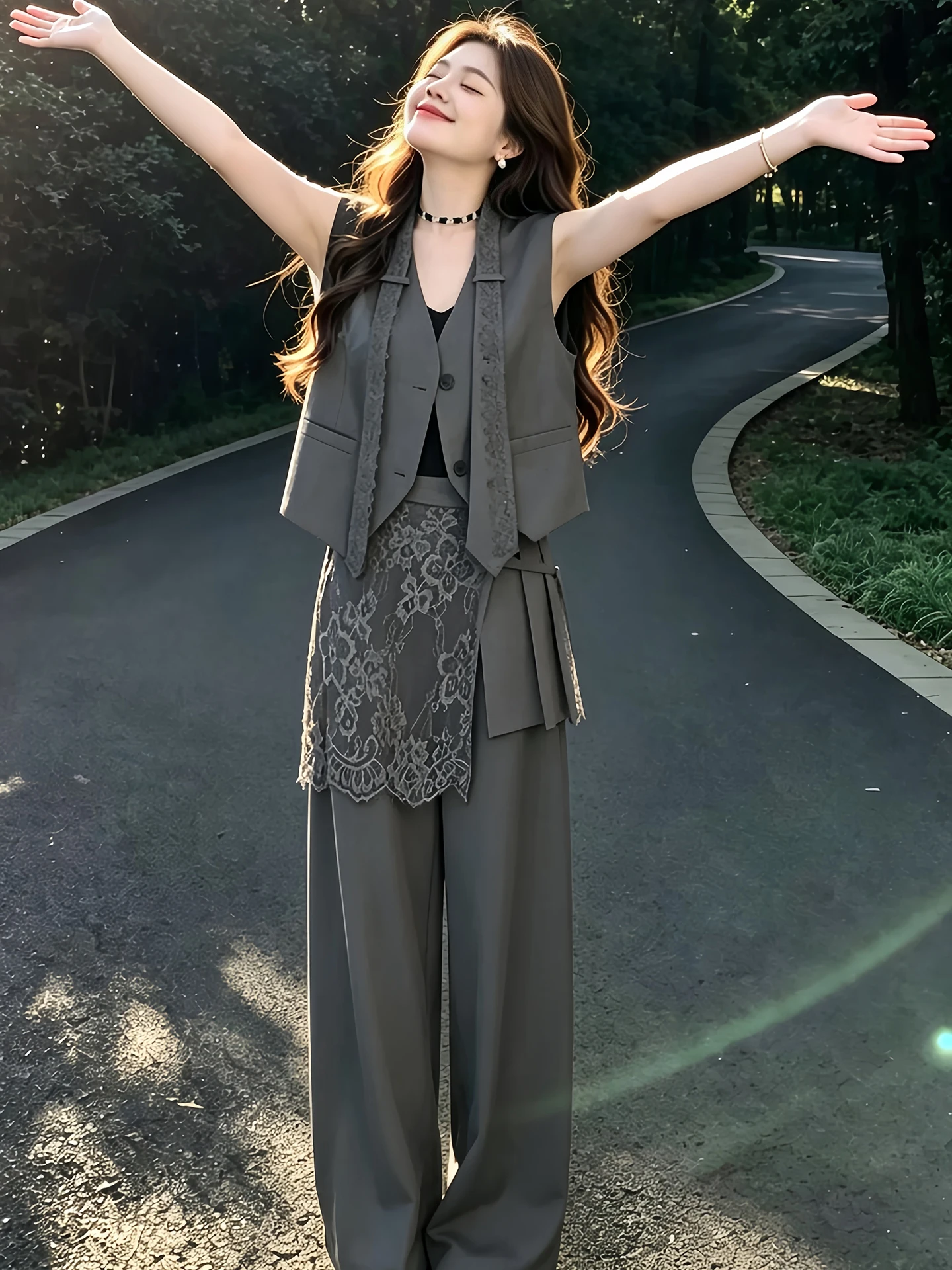 

Fashionable Commuter Summer 2026 Two-Piece Set Slimming Wide Leg Pants Vest High Waist V-Neck Button-Up Professional Ensemble