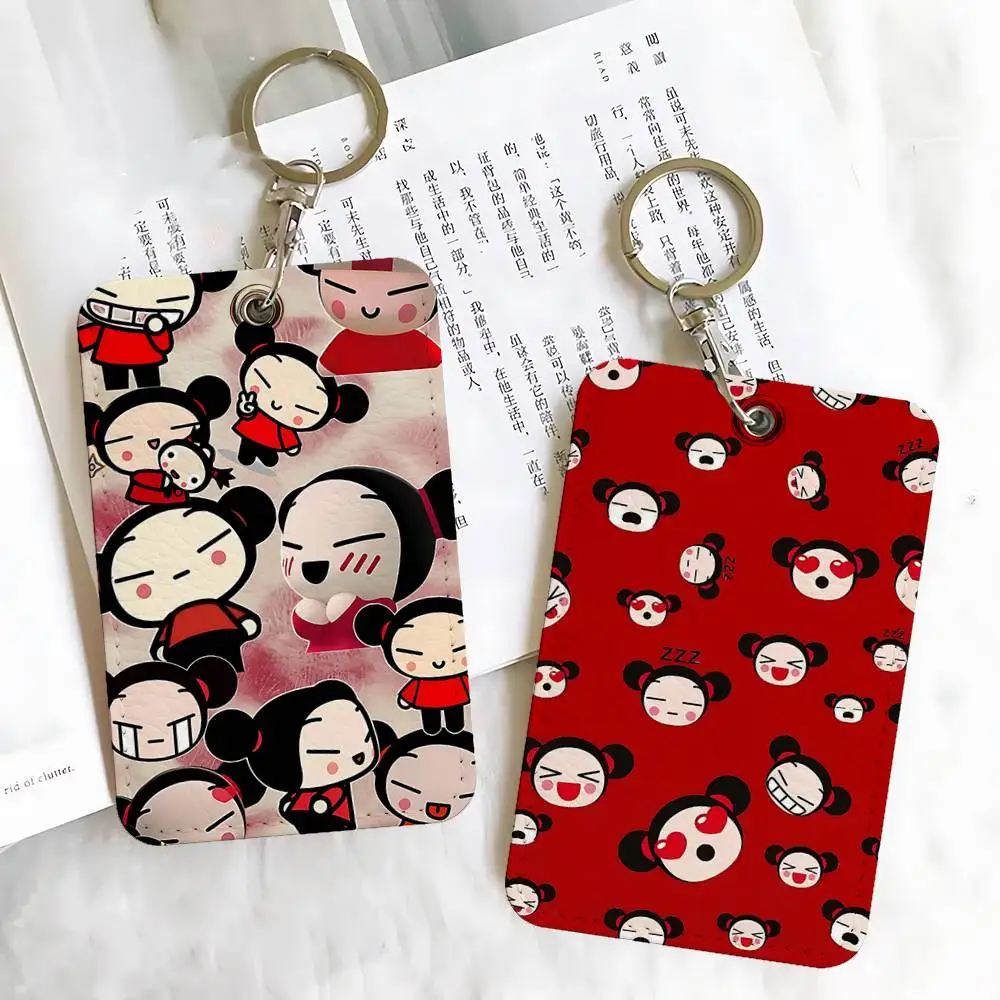 Portatarjetas con llavero rectangular con signo de Pucca-GaruS de dibujos animados, tarjetero con insignia, tarjetero de identificación para estudiantes, funda para tarjetas de autobús