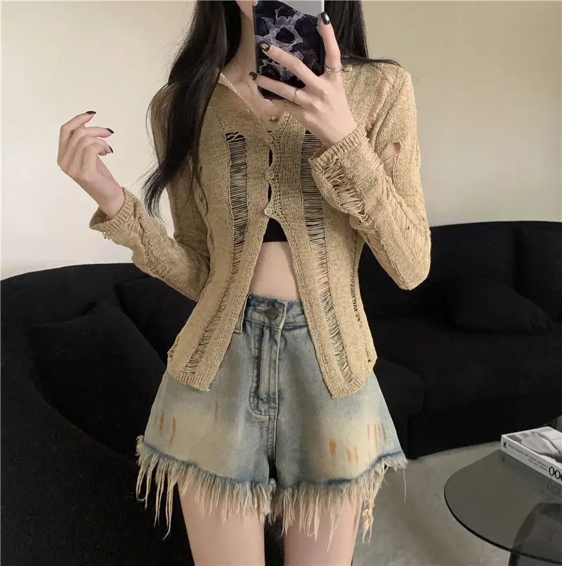 Spring Summer Button Solid Color Sweater Knitted Long Sleeve Hollow Out Cardigan Coats Casual Fashion Women\'s Clothing Tops