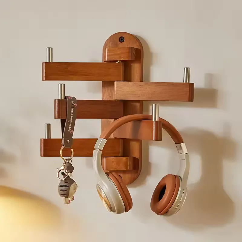 

Wall-mounted Coat Rack Wooden Hanger Shelf Bedroom Rotating Hook Clothes Rack Vertical Hanger Bag Rack with 5 Foldable Arms