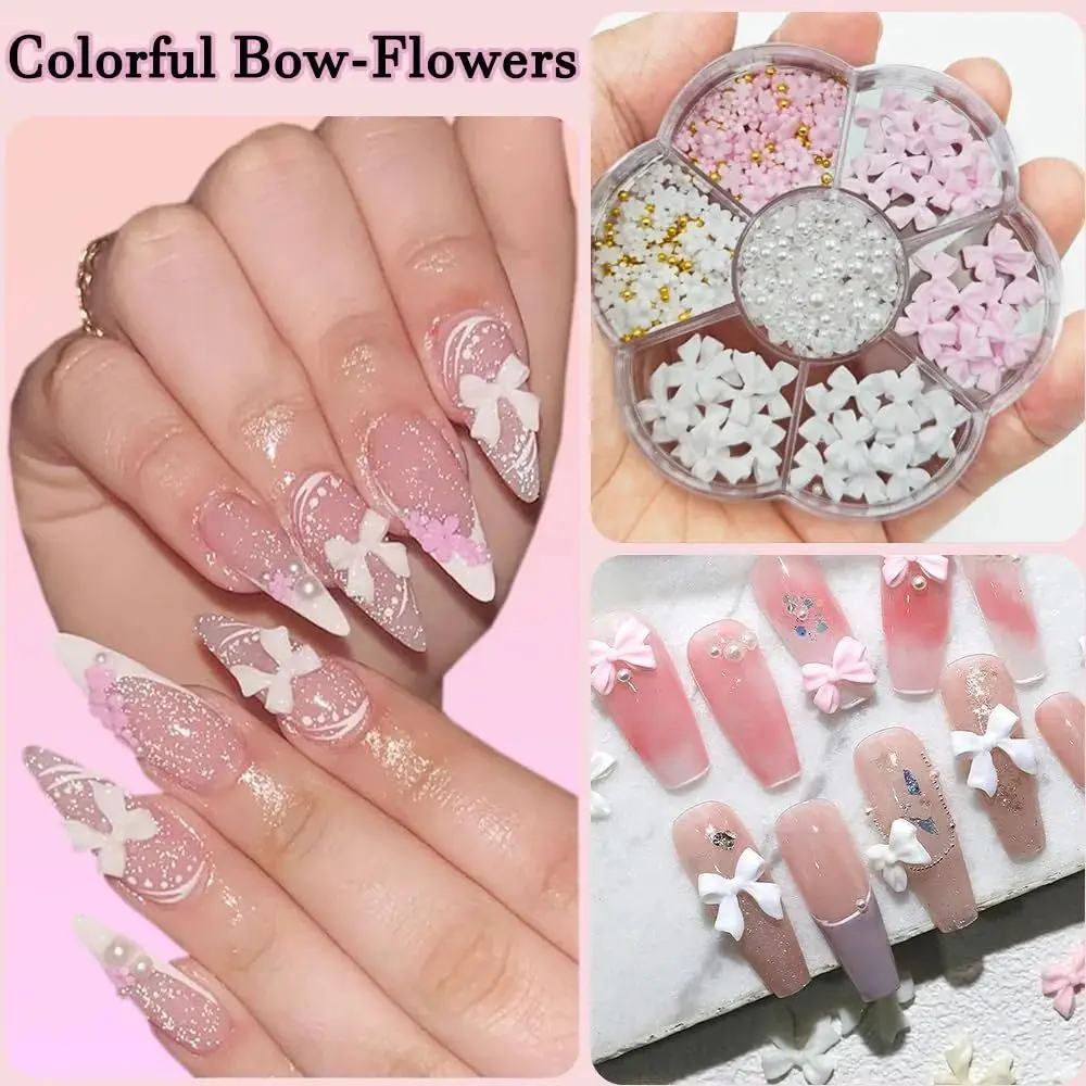 1Box 3D Y2K Bowknot Bow Flower Ribbon Nail Art Decorations Nail Charms with Steel Beads & Imitation Pearls Manicure Accessories
