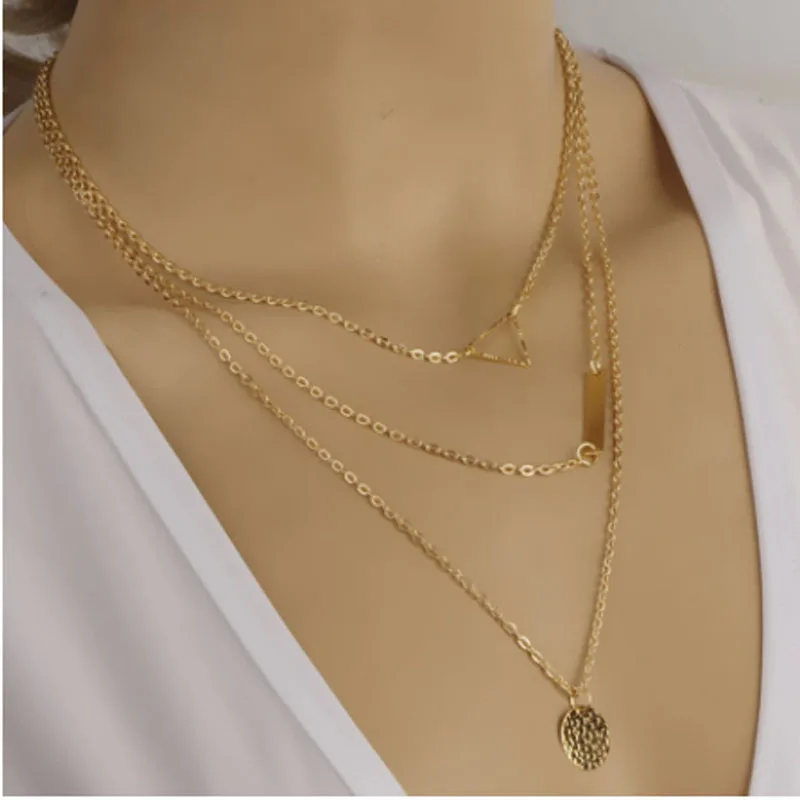 Дешевые маркетинговые подарки 2025, новая мода, очаровательные ювелирные аксессуары, многослойная цепочка с геометрическими блестками, золотое ожерелье для женщин Дешевые маркетинговые подарки 2025, новая мода, очаровательные ювелирные аксессуары, многослойная цепочка с геометрическими блестками, золотое ожерелье для женщин