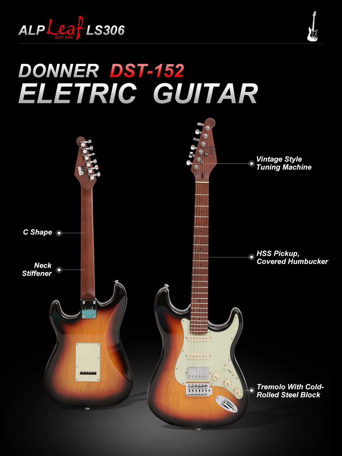 ALP-LS-306 Electric Guitar, Beginner Electric Guitar, HSS Pickups, Roasted Maple, Noise Reduction Electric Guitar, 39 in