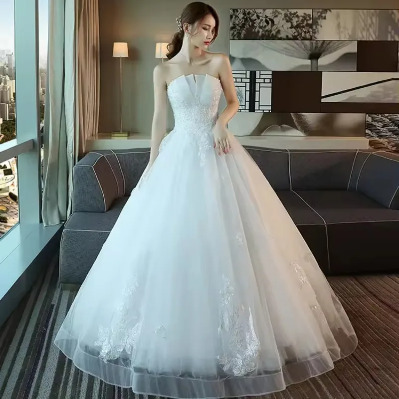 Vestido de noiva superior tubo renda, Estilo fada simples, Princesa Bordado Sonho, Noiva Sexy, Elegante Ferrovia Longa, Branco