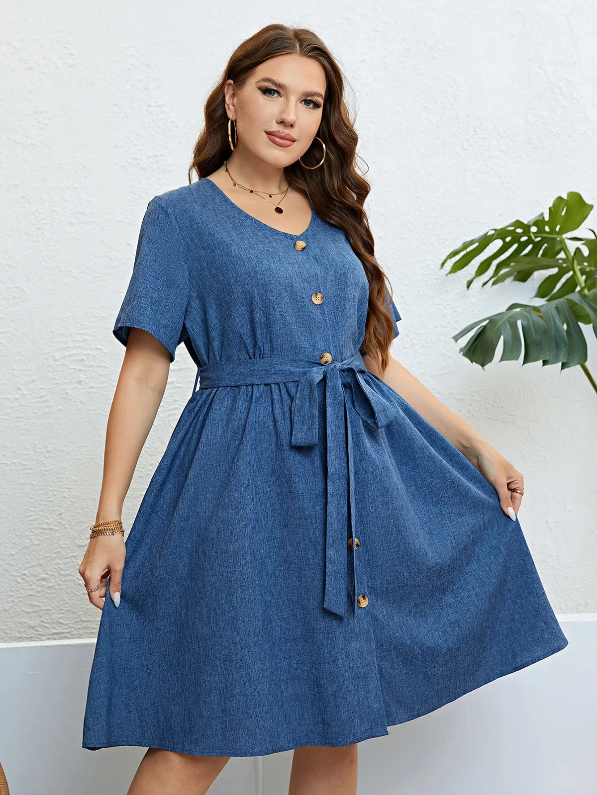 Plus Size V Neck Front Button Women Dress Drawstring Belt Robe Solid Color Gown A-Line Short Sleeves Dresses Casual Lady Cloth