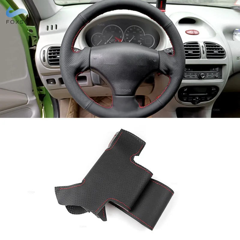 

Черно-красный перфорированный кожаный чехол для Peugeot 206 1998-2005 206 SW 2003-2005, кожаный чехол на руль с ручным шитьем, отделка