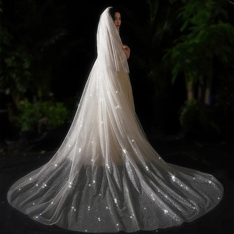 Two Layers Bling Bling Bridal Veil Long Sparkly Glitters White Champagne Cathedral Sequins Blusher Face-Covered Veil With Comb