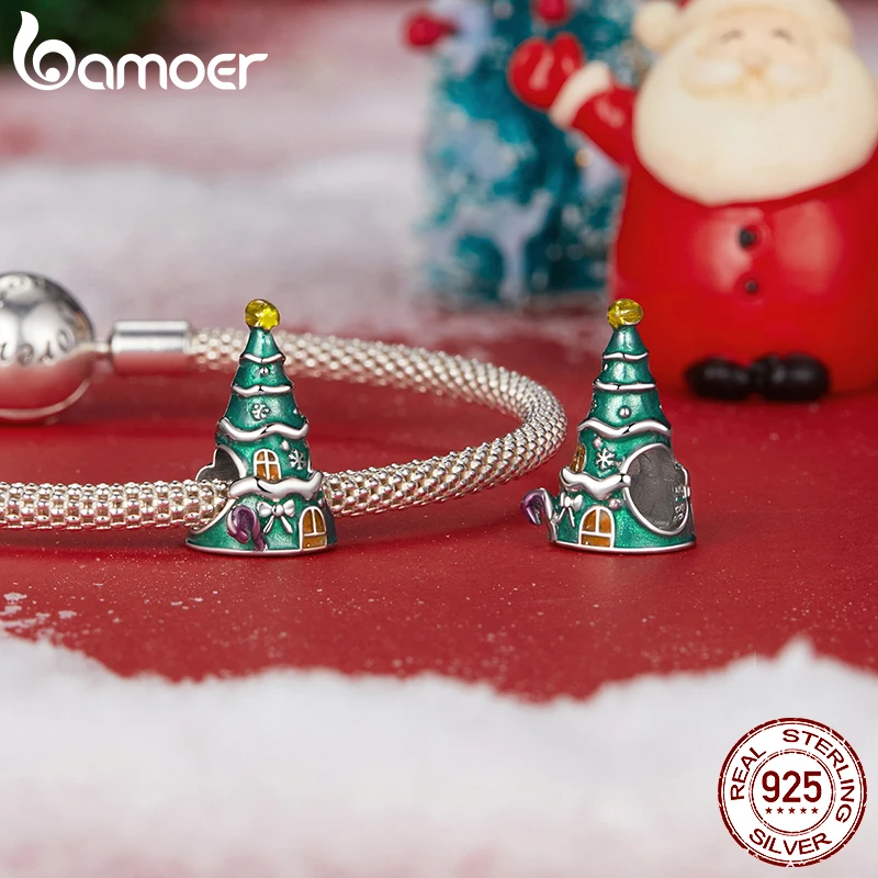 BAMOER 925 Sterling Silver Xmas Tree House Charm Bead fit Original Bracelet DIY Bamoer Charm for Jewelry Making Christmas Gift