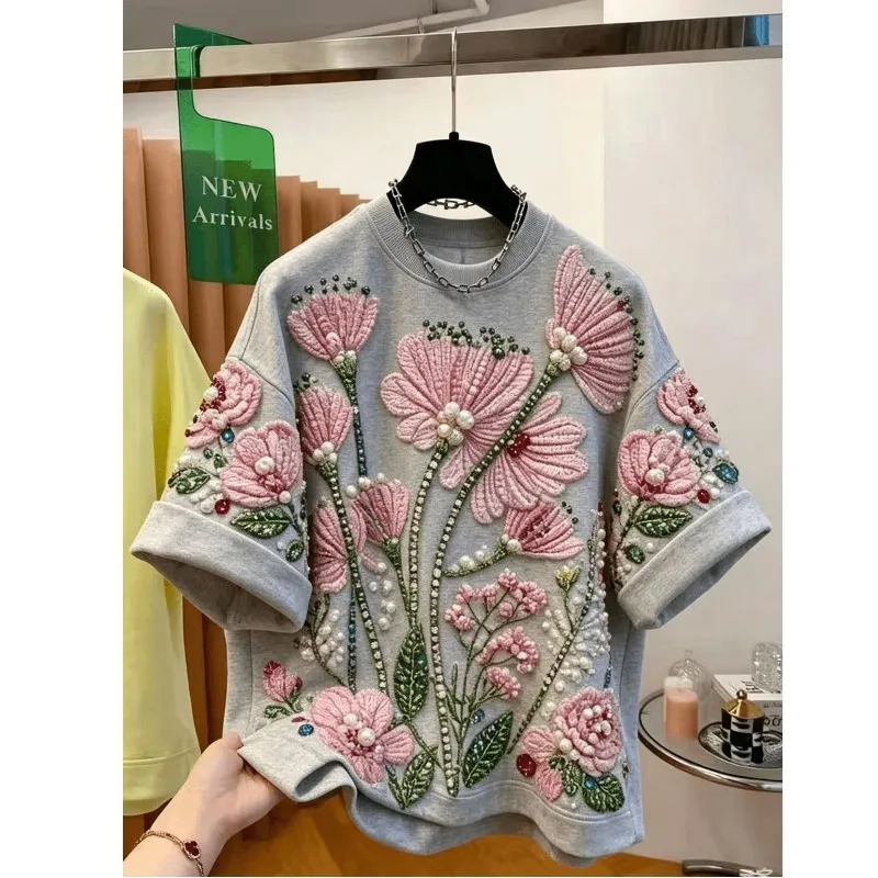 Extra-large Tops Women's Wear Summer Light Gray Beaded Short-sleeved Loose and Slimming Casual Versatile Chubby Girls Thin Style