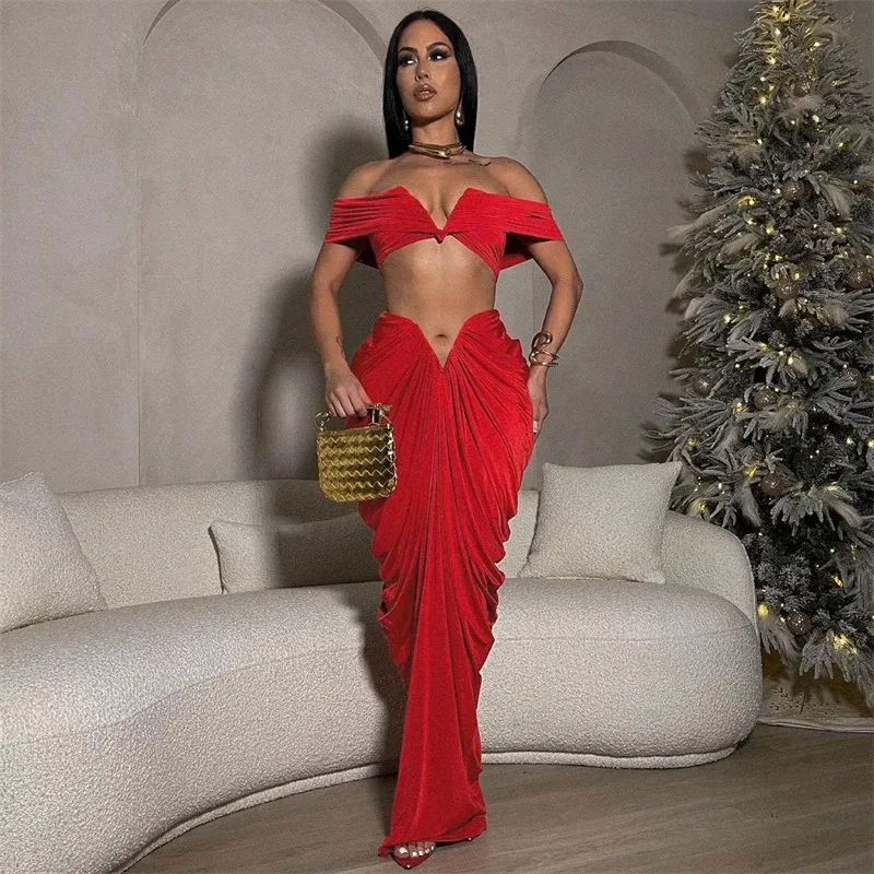 Sexy Party Night Ruched Maxi Dress Sets for Women Two Piece Set Sexy Club Outfits Slash Neck Crop Top + Long Skirt Matching Sets