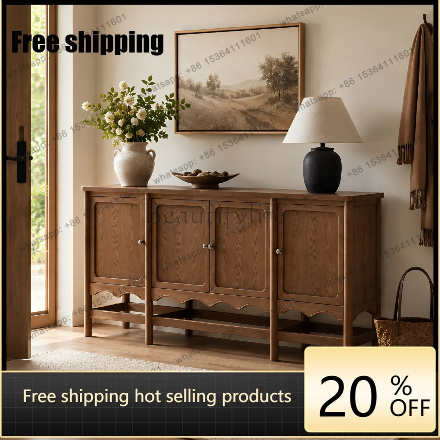LD American solid wood dining side cabinet retro restaurant wall display storage cabinet