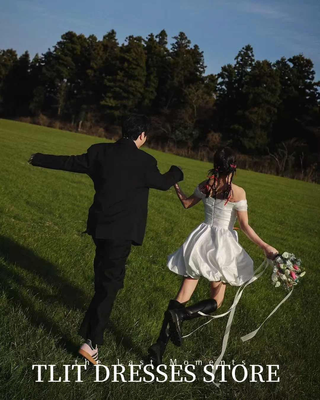 فساتين زفاف قصيرة من قماش التفتا الحريري الكوري من TLIT قبالة الكتف فستان زفاف أنيق لالتقاط الصور مصنوع حسب الطلب للعروس