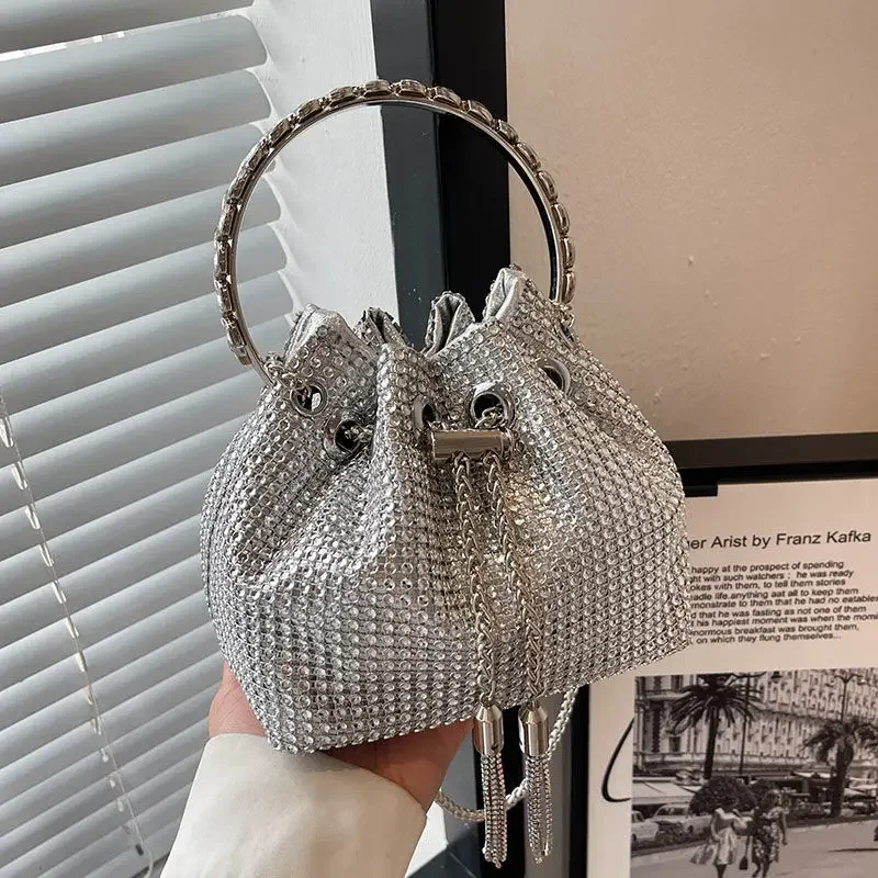 Rhinestone Bag Female Summer Full Diamond Bucket Bag 2024 New Diamond Tassel Handbag Senior Quality Oblique Handbag