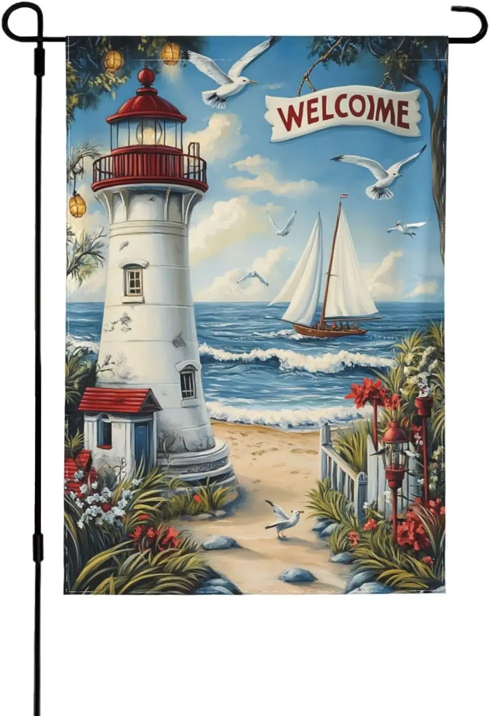 Lighthouse With Beach Garden Flag 12x18 Inch Double Sided All-Weather Polyester Outdoor Flag For Patio Lawn Yard And Garden  GGX